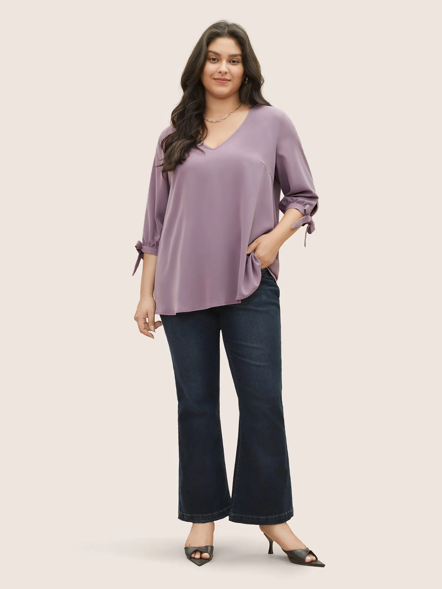 Plain Knotted Sleeve V Neck Blouse sold by Bloomchic product image thumbnail 2
