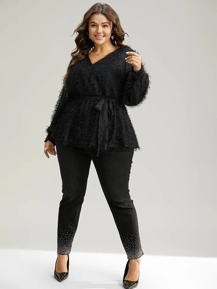 Solid Tassel Mesh Patchwork Belted Wrap Blouse sold by Bloomchic product image thumbnail 4