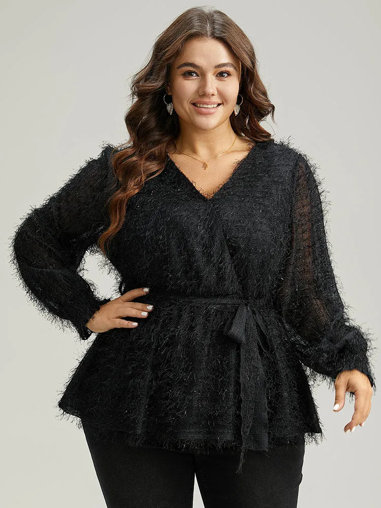 Solid Tassel Mesh Patchwork Belted Wrap Blouse sold by Bloomchic