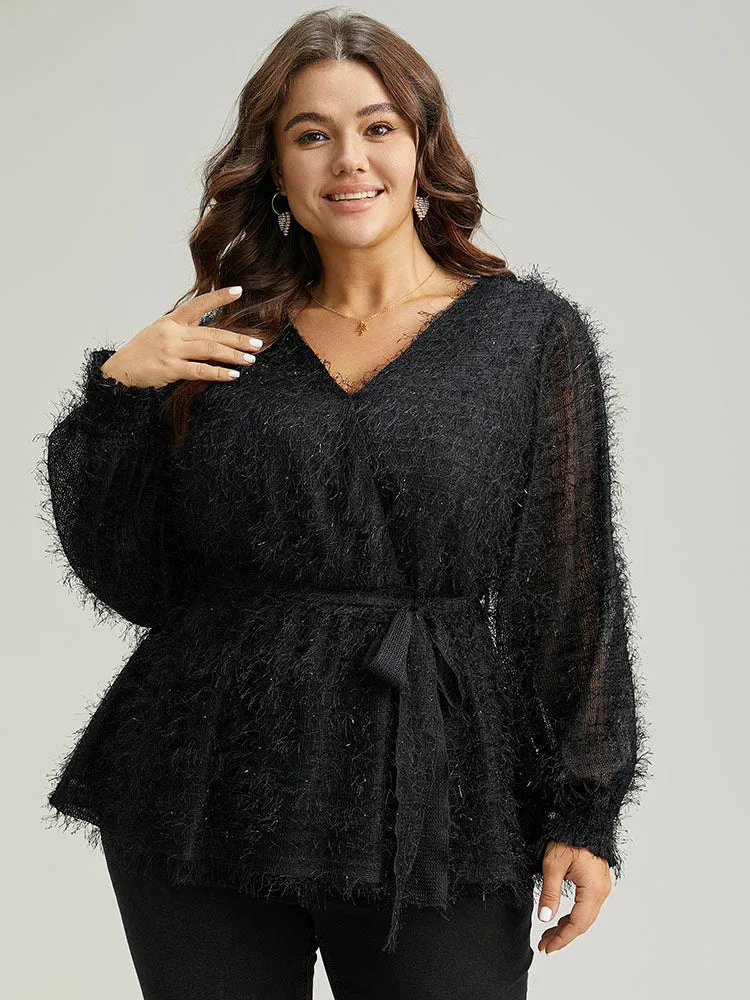 Solid Tassel Mesh Patchwork Belted Wrap Blouse sold by Bloomchic product image thumbnail 5