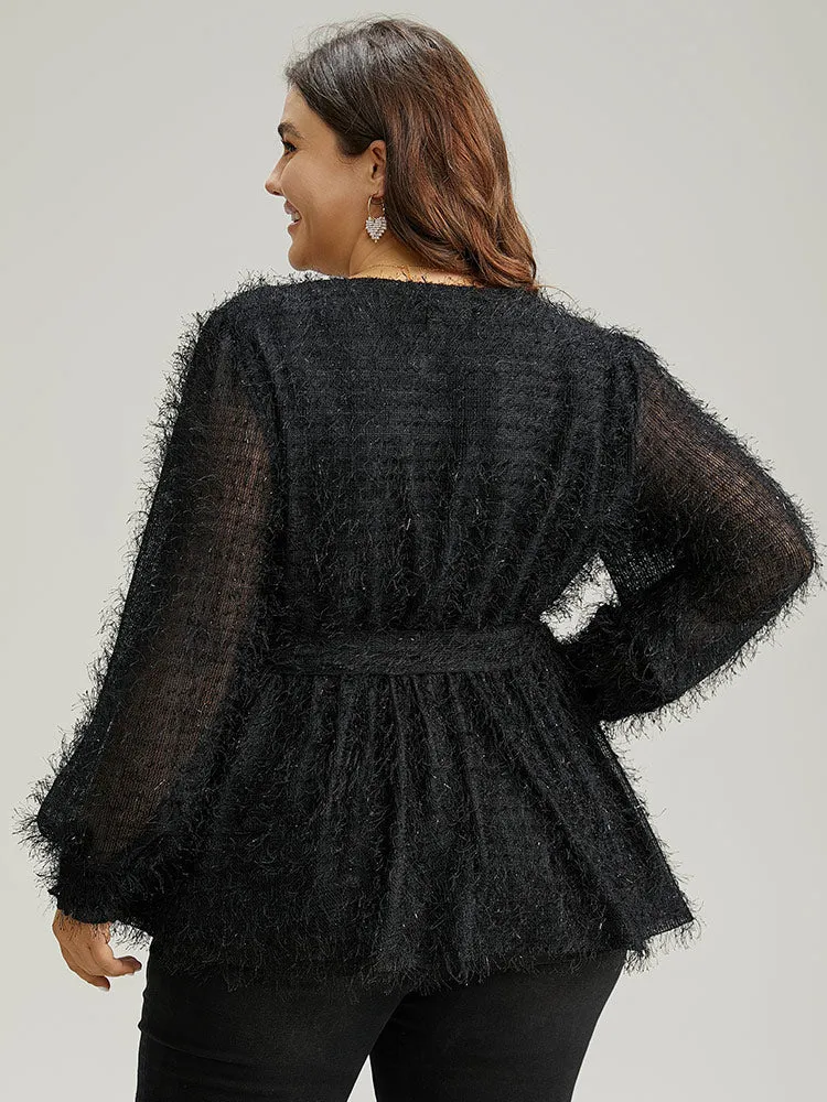 Solid Tassel Mesh Patchwork Belted Wrap Blouse sold by Bloomchic product image thumbnail 2