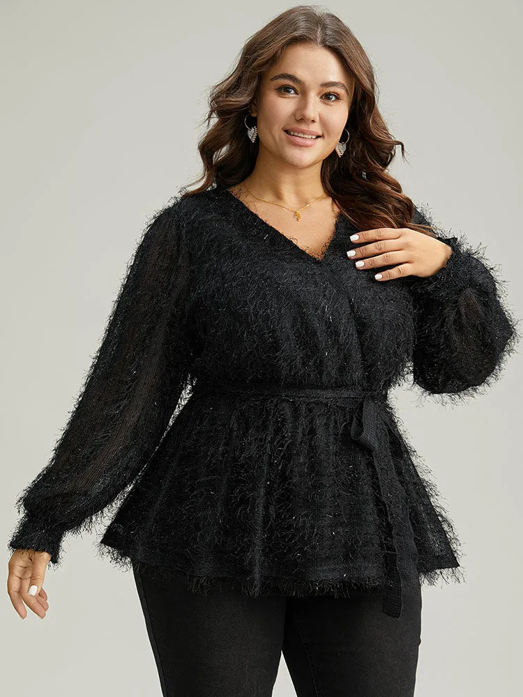 Solid Tassel Mesh Patchwork Belted Wrap Blouse sold by Bloomchic product image thumbnail 3