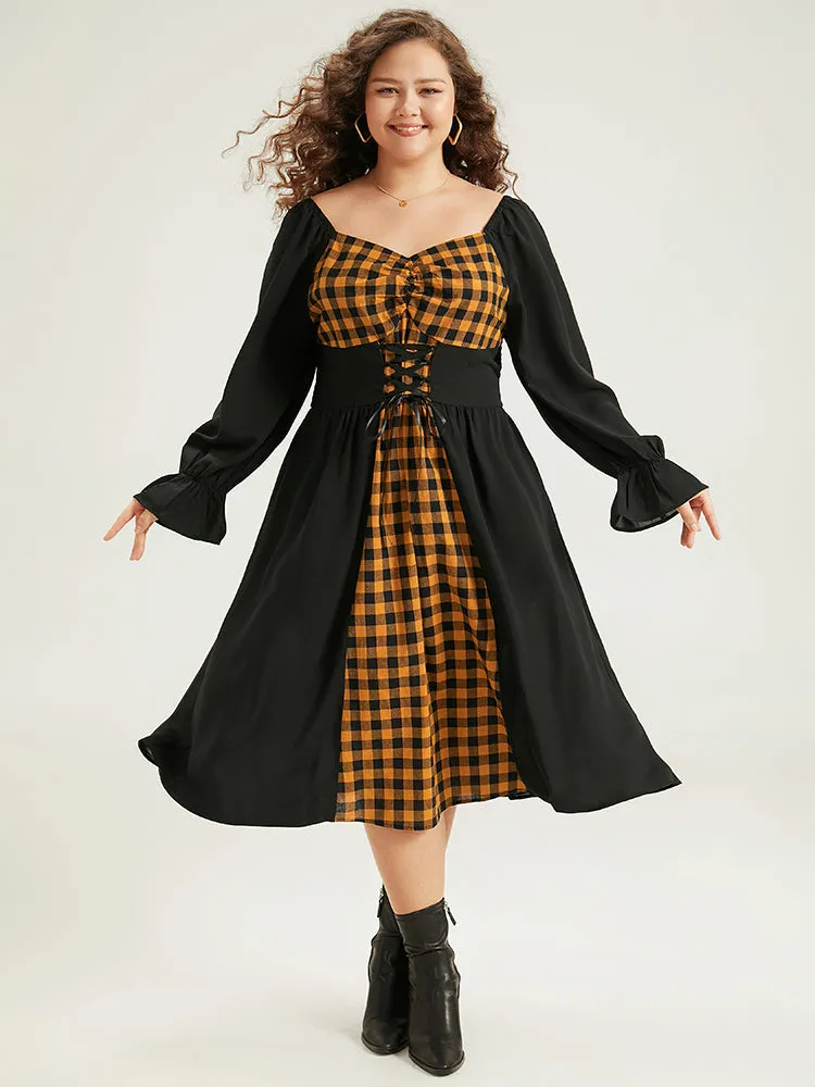 Halloween Gingham Patchwork Ruched Ties Dress sold by Bloomchic