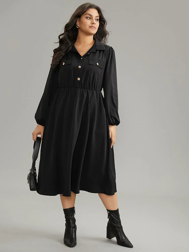 Static-Free Plain Button Detail Lantern Sleeve Dress sold by Bloomchic product image thumbnail 3