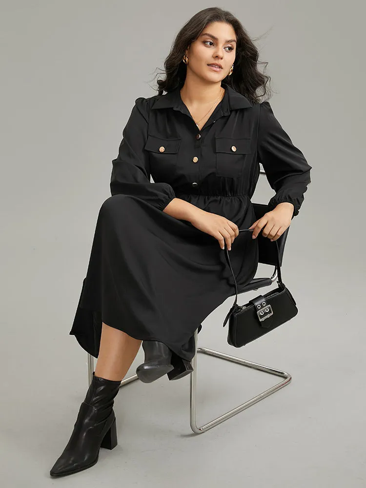 Static-Free Plain Button Detail Lantern Sleeve Dress sold by Bloomchic