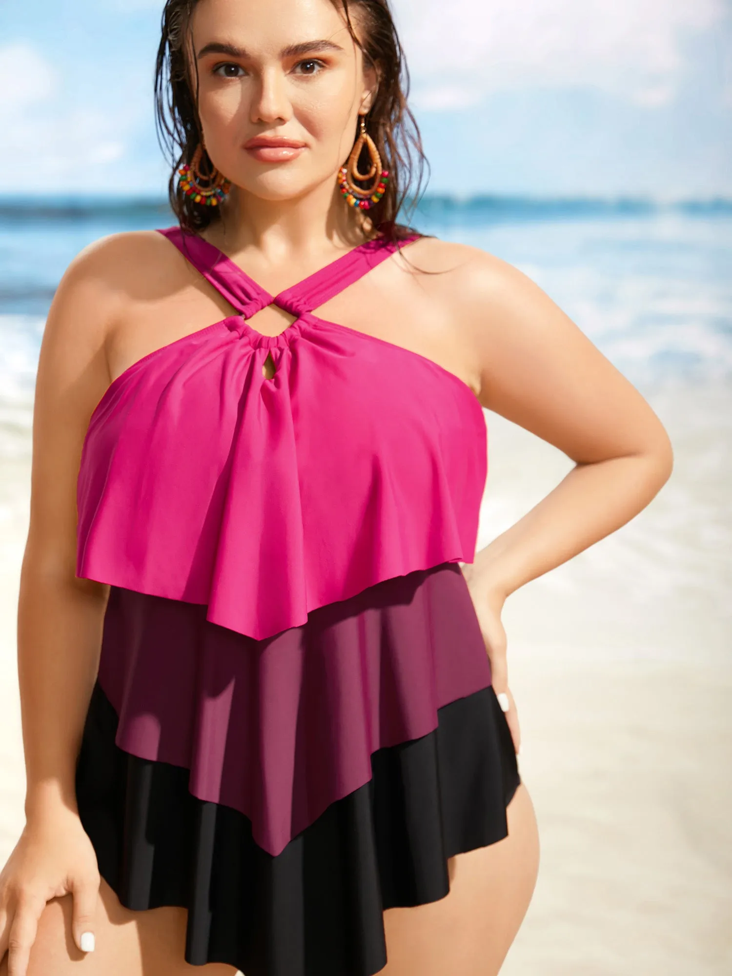 Contrast Cut Out Tiered Hem One Piece Swimsuit sold by Bloomchic