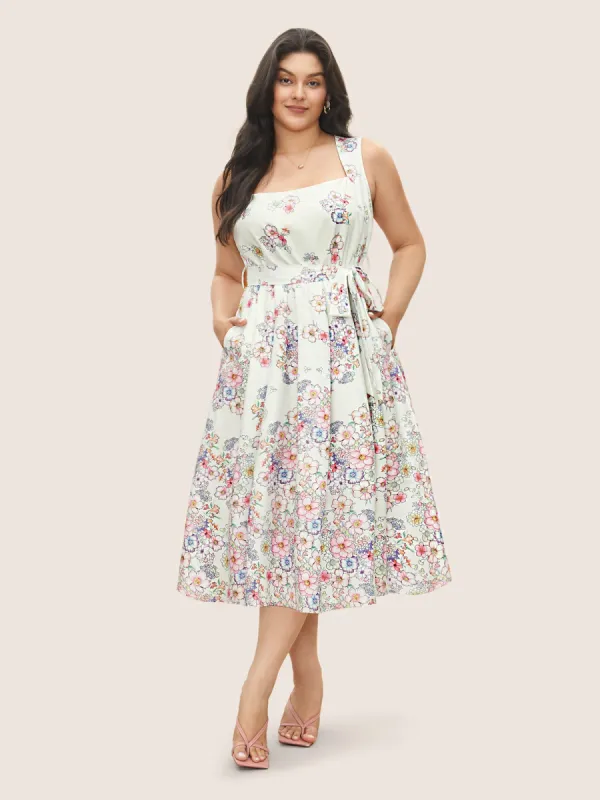 Square Neck Ombre Floral Pleated Belted Dress sold by Bloomchic