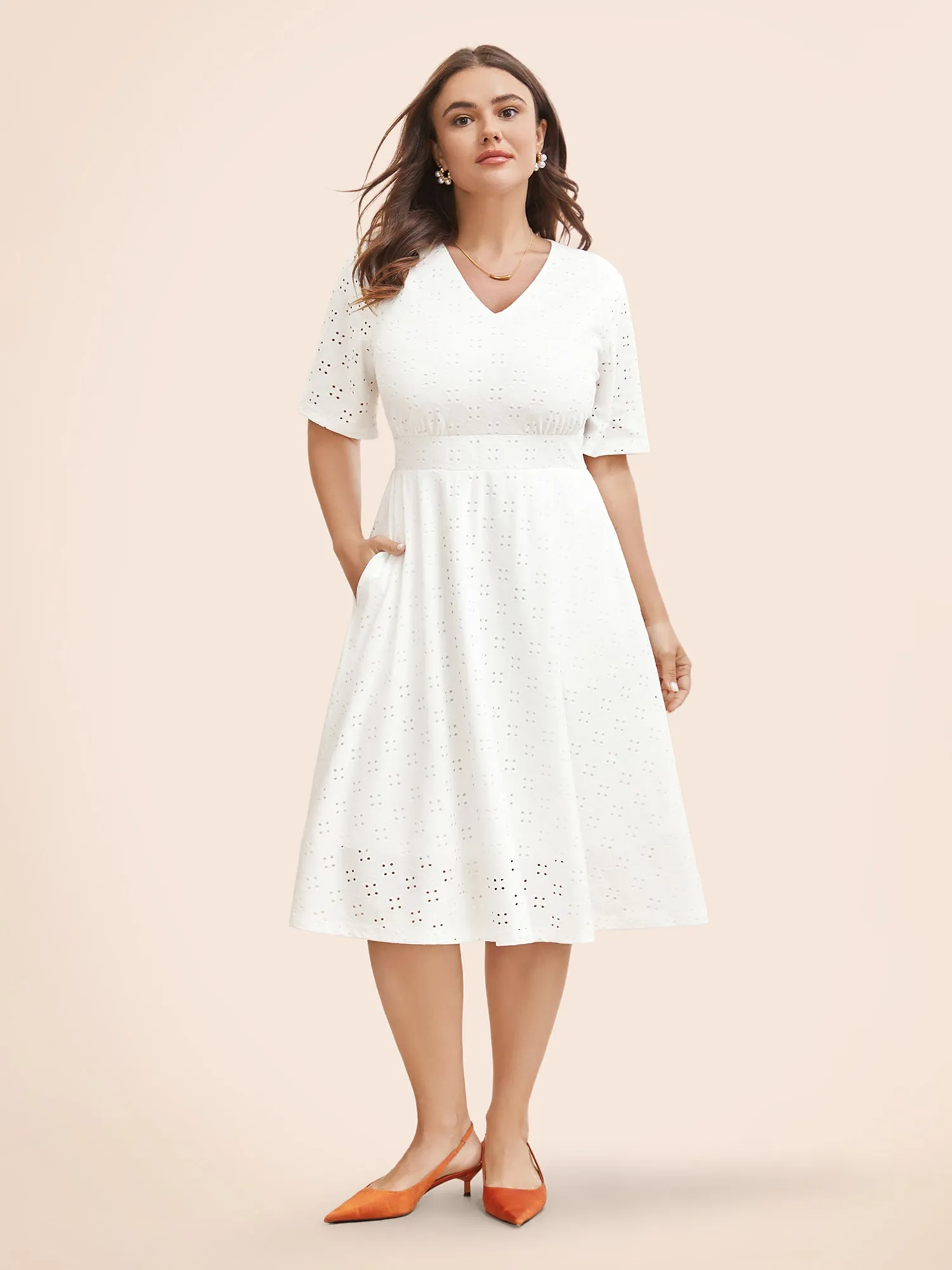 Solid Pocket Laser Cut Surplice Neck Knee Dress sold by Bloomchic product image thumbnail 3