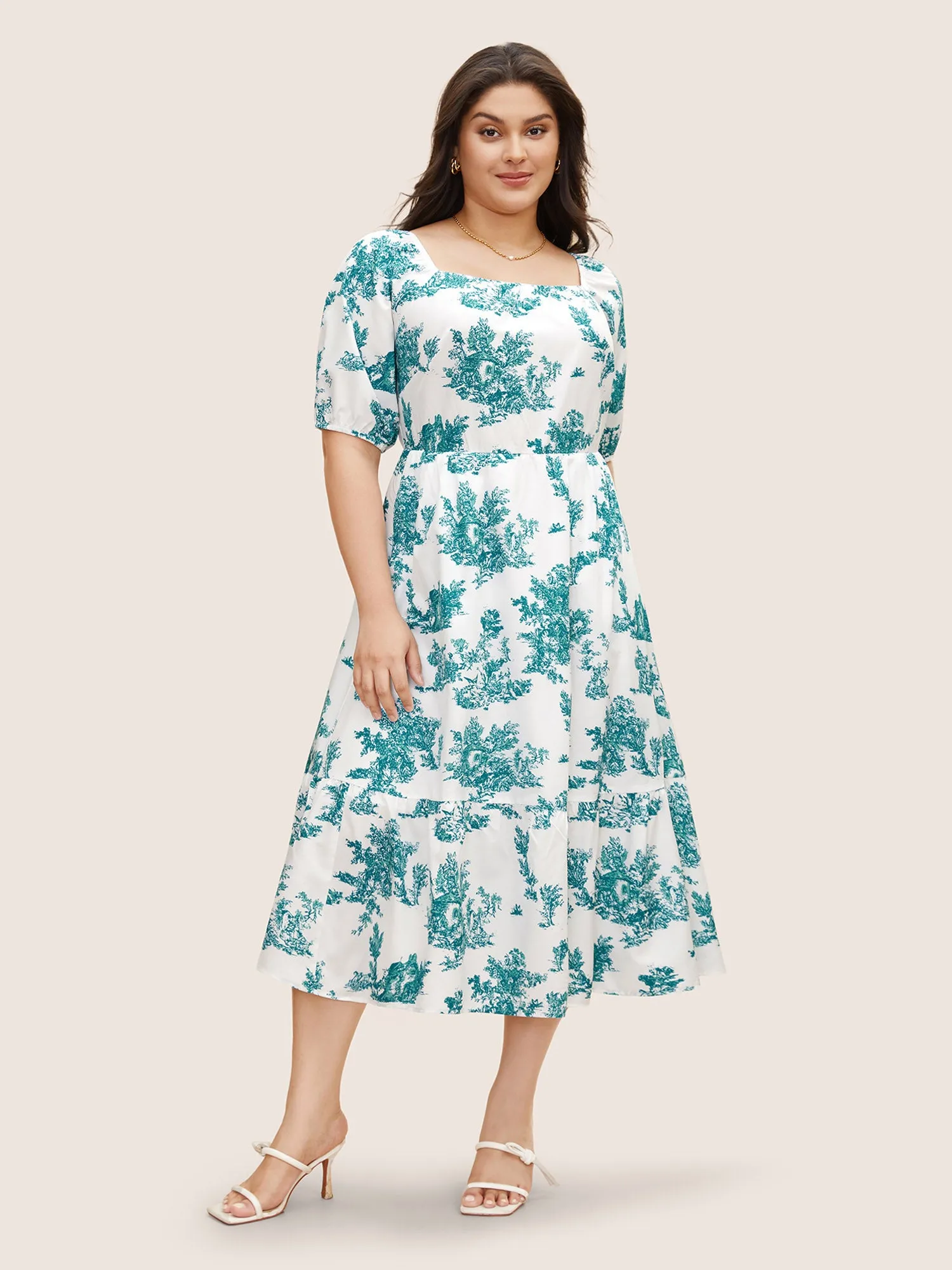 Square Neck Floral Gathered Midi Dress sold by Bloomchic product image thumbnail 3