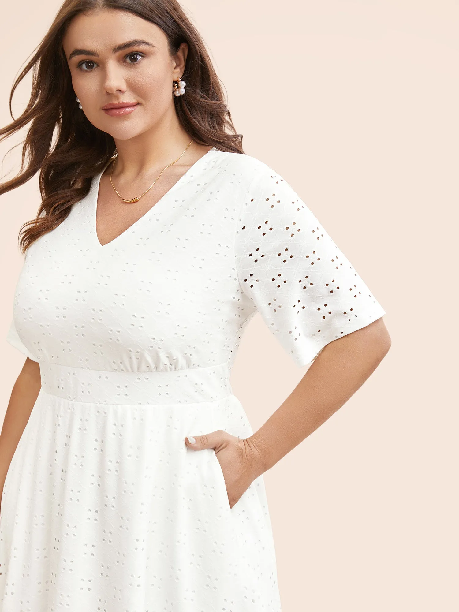 Solid Pocket Laser Cut Surplice Neck Knee Dress sold by Bloomchic product image thumbnail 2