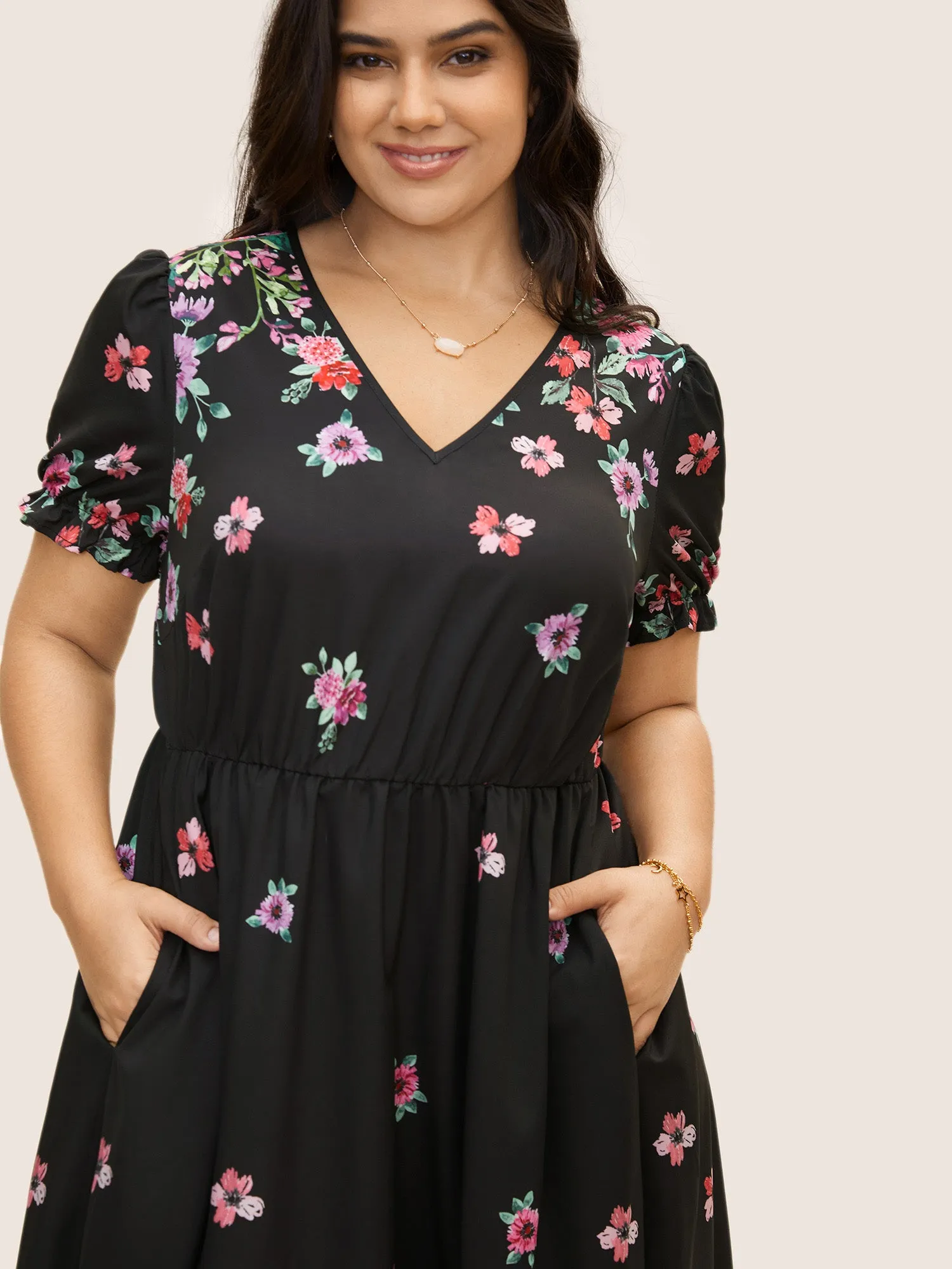 Boho Print V Neck Elastic Waist Dress sold by Bloomchic product image thumbnail 4