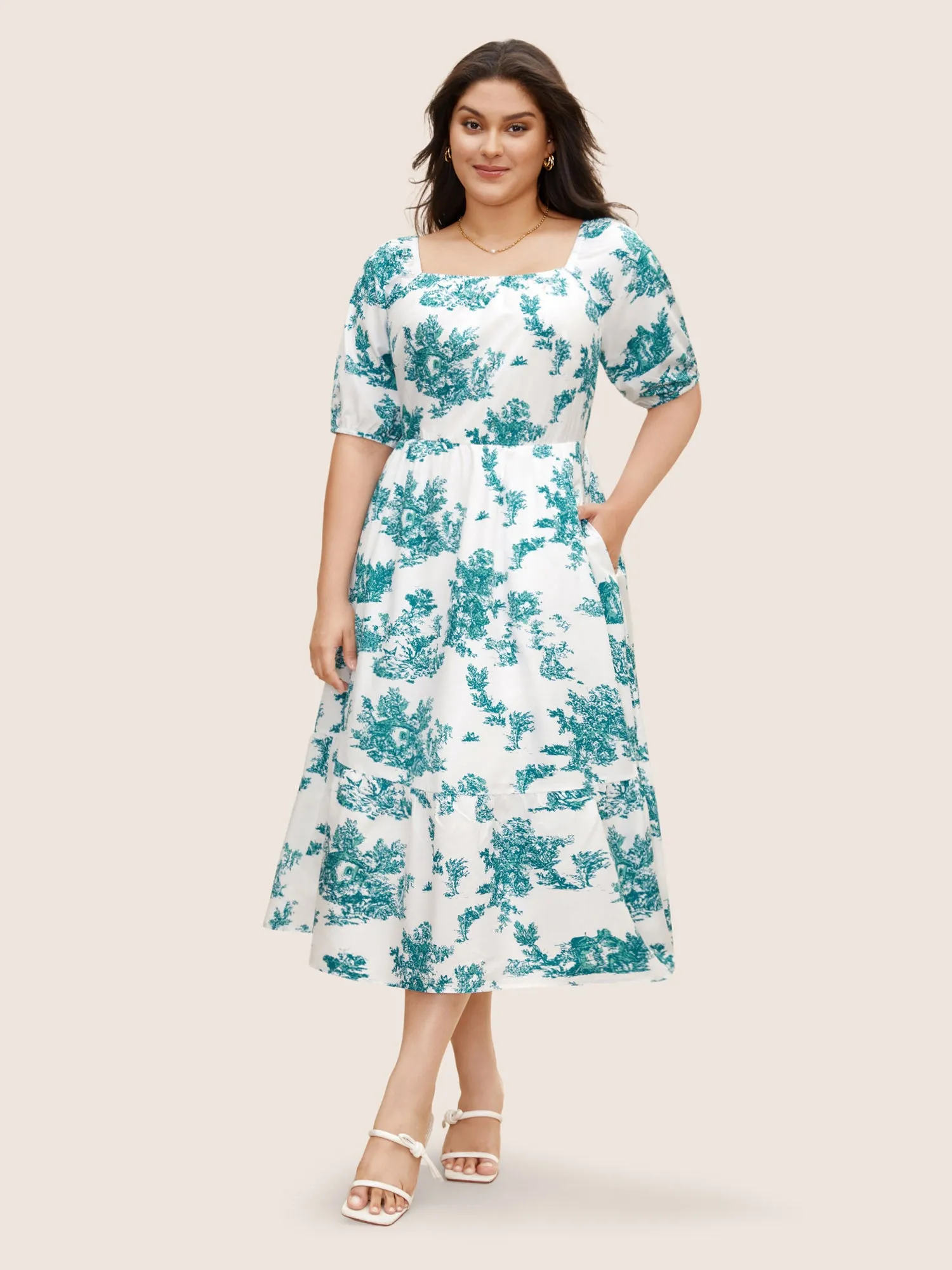 Square Neck Floral Gathered Midi Dress sold by Bloomchic
