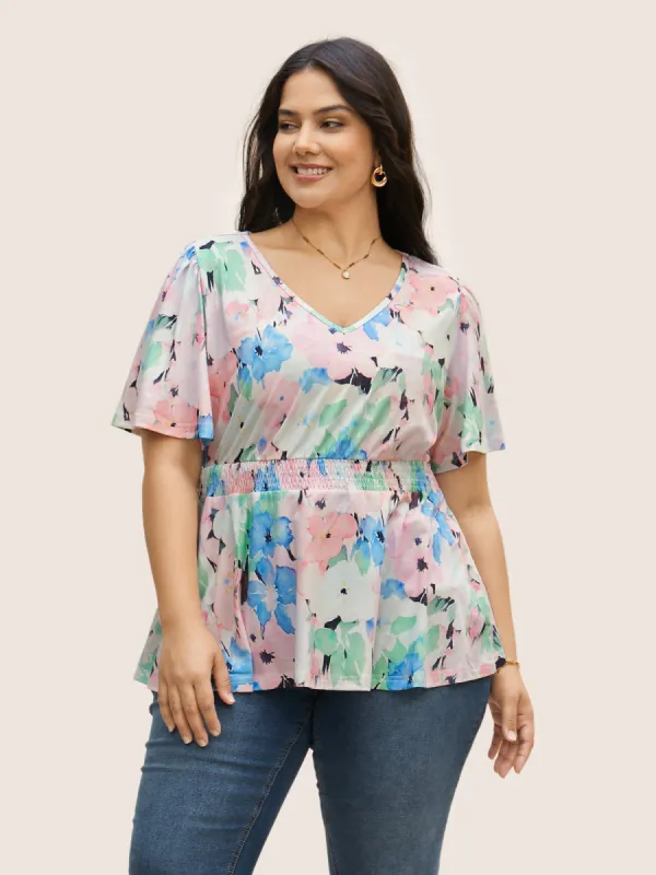 V Neck Floral Shirred Flutter Sleeve T-shirt sold by Bloomchic
