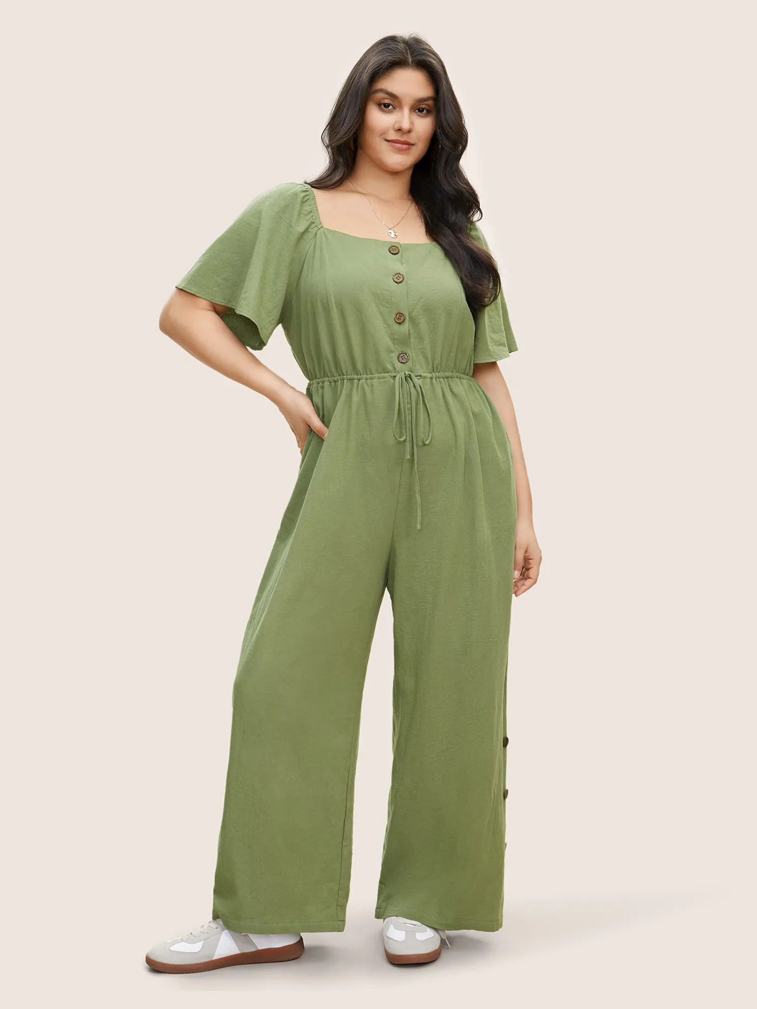 Plain Button Detail Drawstring Square Neck Jumpsuit sold by Bloomchic