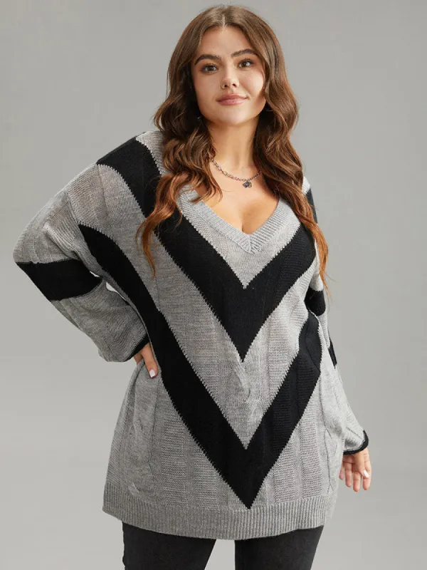 Geometric Contrast V Neck Pullover sold by Bloomchic