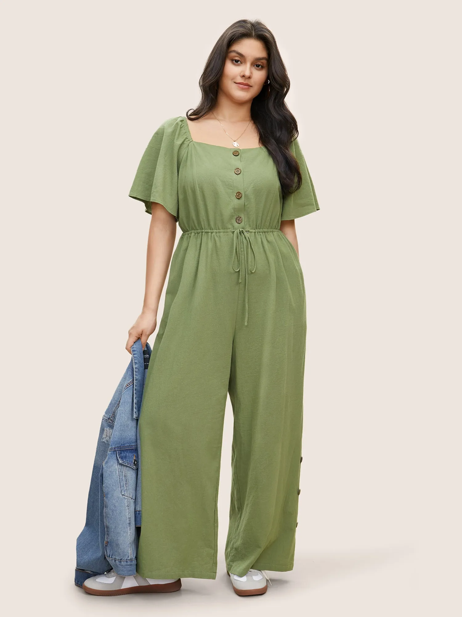 Plain Button Detail Drawstring Square Neck Jumpsuit sold by Bloomchic product image thumbnail 3