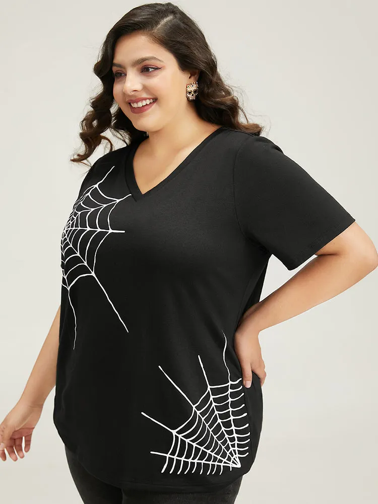 Halloween Spider Web Print V Neck T-shirt sold by Bloomchic product image thumbnail 3