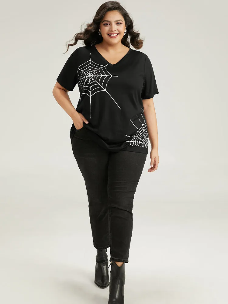 Halloween Spider Web Print V Neck T-shirt sold by Bloomchic product image thumbnail 4