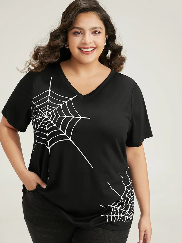 Halloween Spider Web Print V Neck T-shirt sold by Bloomchic
