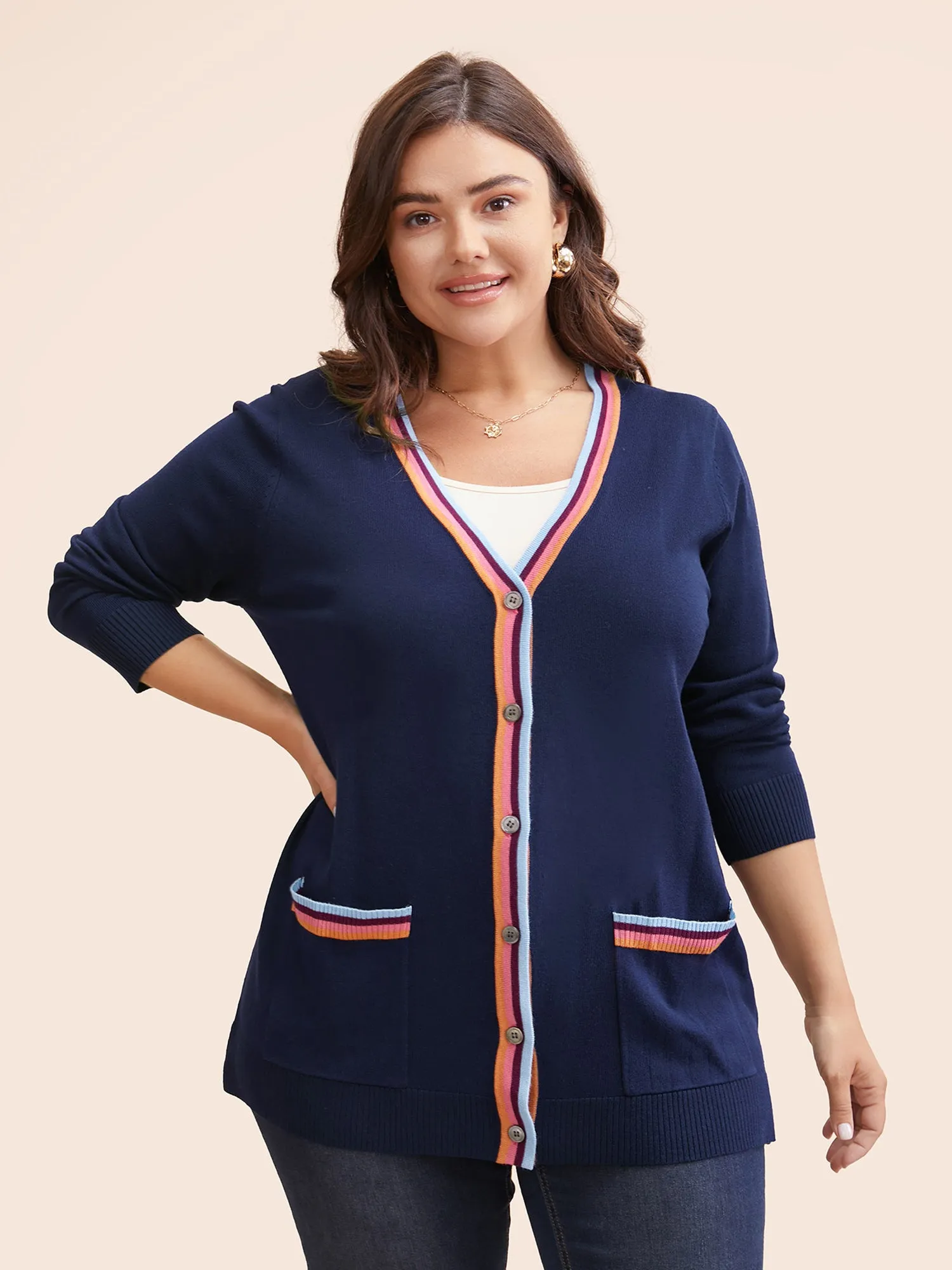 Contrast Striped Trim Patch Pocket Cardigan sold by Bloomchic product image thumbnail 3