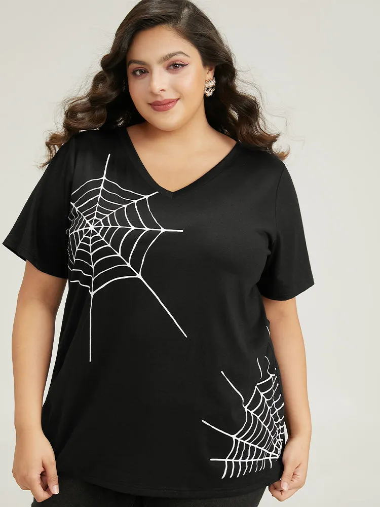Halloween Spider Web Print V Neck T-shirt sold by Bloomchic product image thumbnail 2