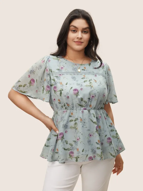 Floral Lace Panel Gathered Mesh Blouse sold by Bloomchic