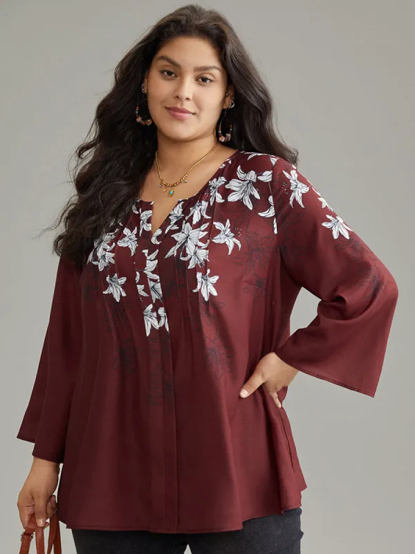 Boho Print Ruffle Sleeve Notched Pleated Blouse sold by Bloomchic