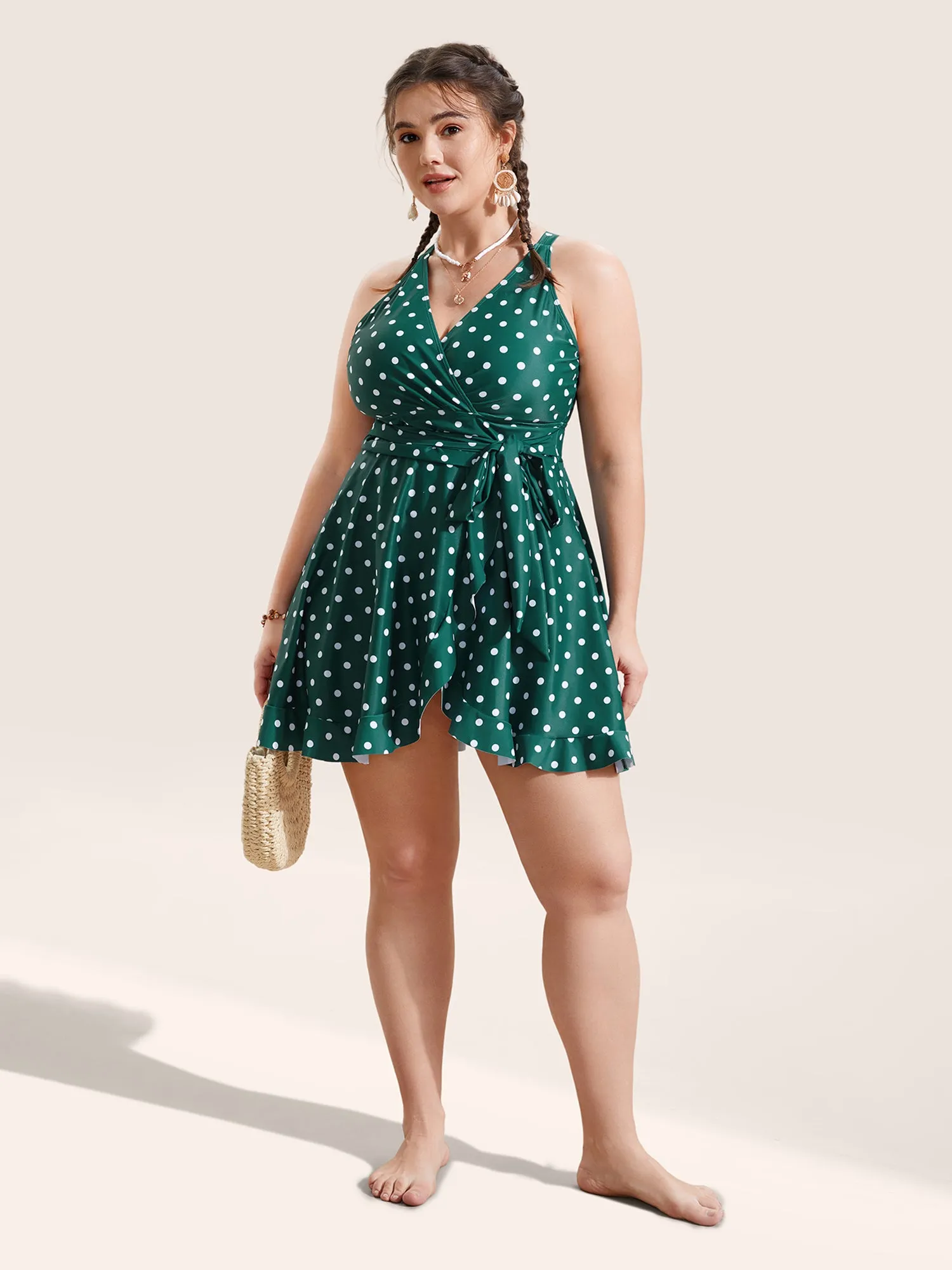 Overlap Collar Polka Dot Tie Knot Ruffles Swim Dress sold by Bloomchic product image thumbnail 4