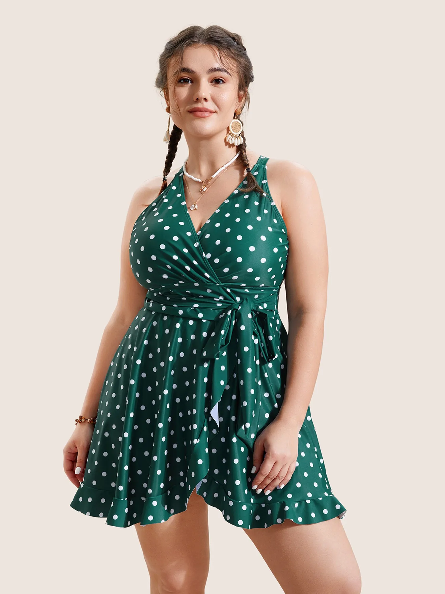 Overlap Collar Polka Dot Tie Knot Ruffles Swim Dress sold by Bloomchic