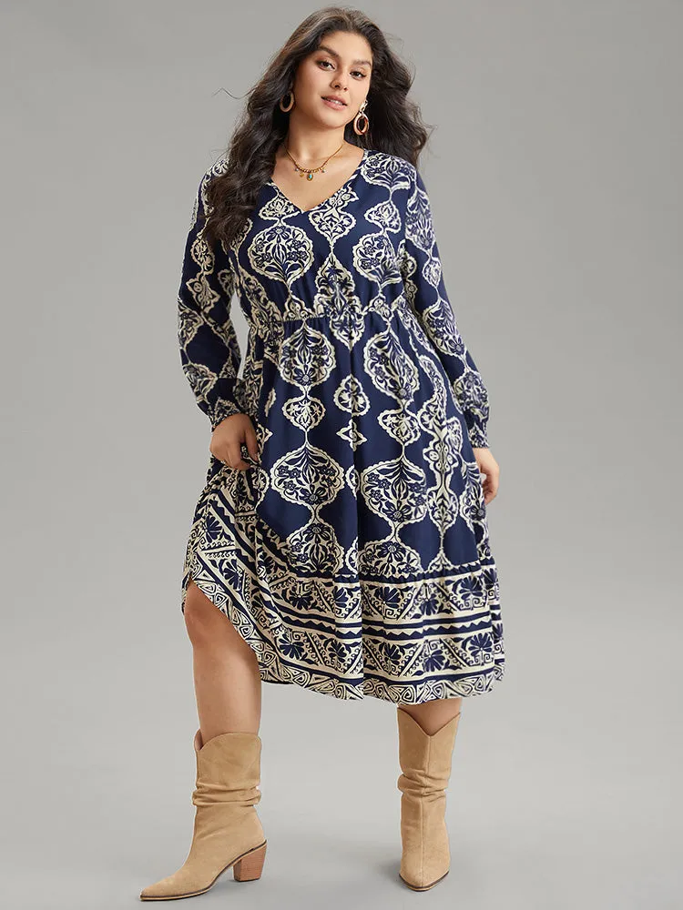 Moroccan Print Shirred Cuffs Pocket Dress sold by Bloomchic
