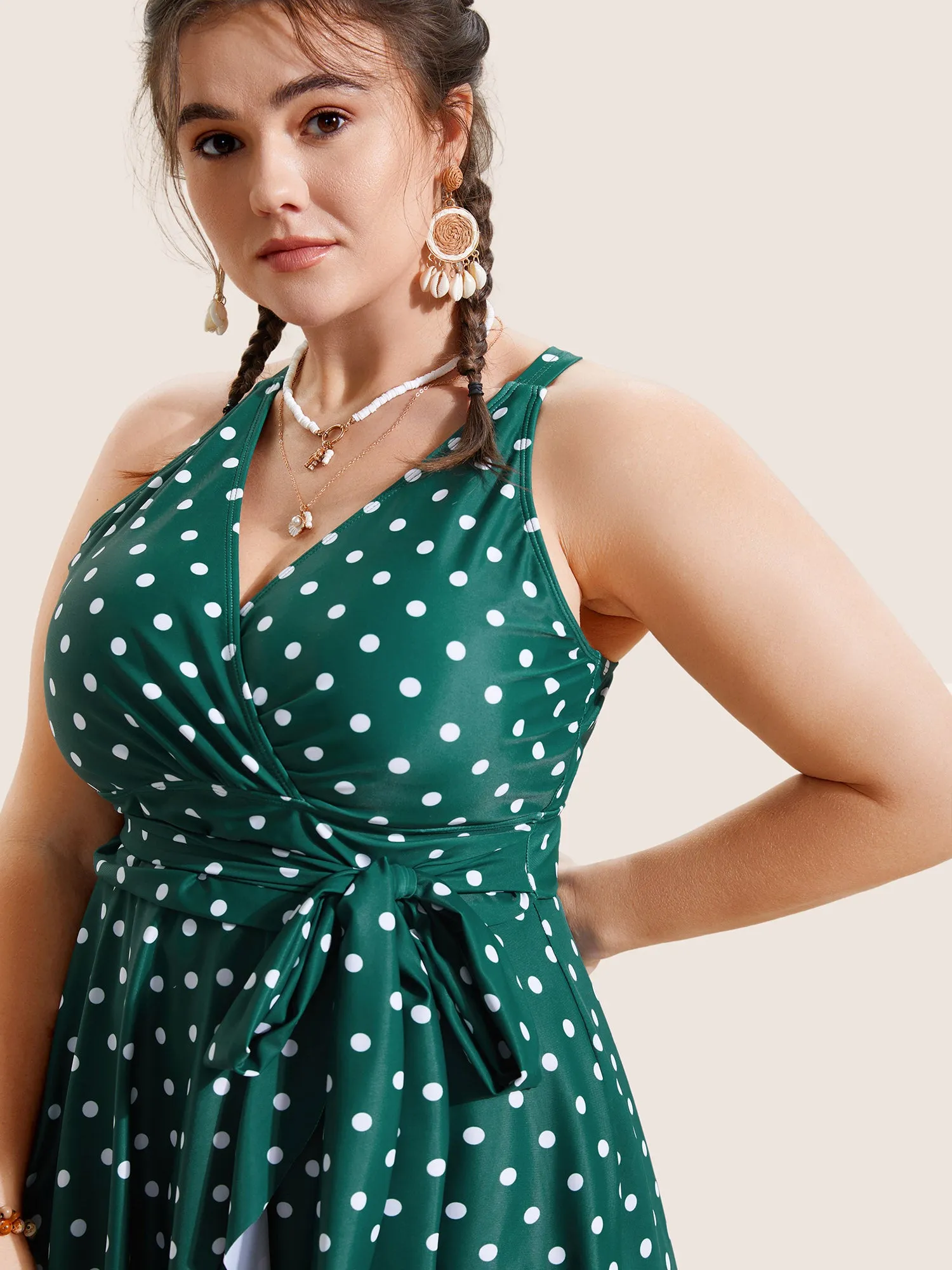 Overlap Collar Polka Dot Tie Knot Ruffles Swim Dress sold by Bloomchic product image thumbnail 3