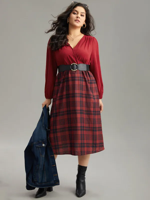 Plaid Patchwork Gathered Lantern Sleeve Dress sold by Bloomchic