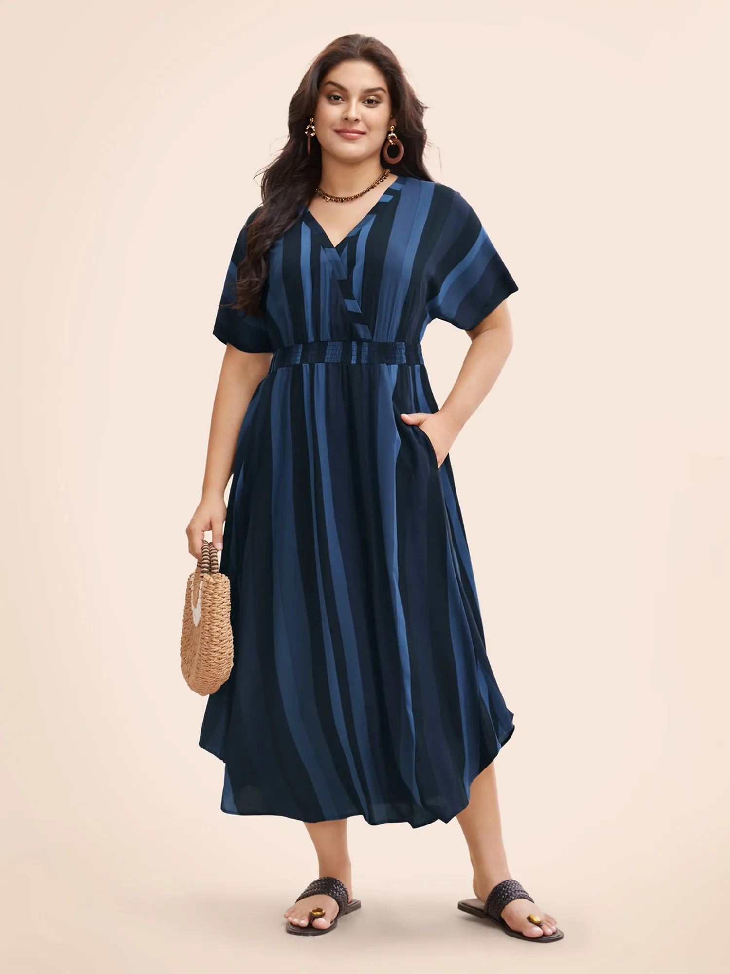 Striped Dolman Sleeve Pocket Shirred Flutter Wrap Dress sold by Bloomchic product image thumbnail 3