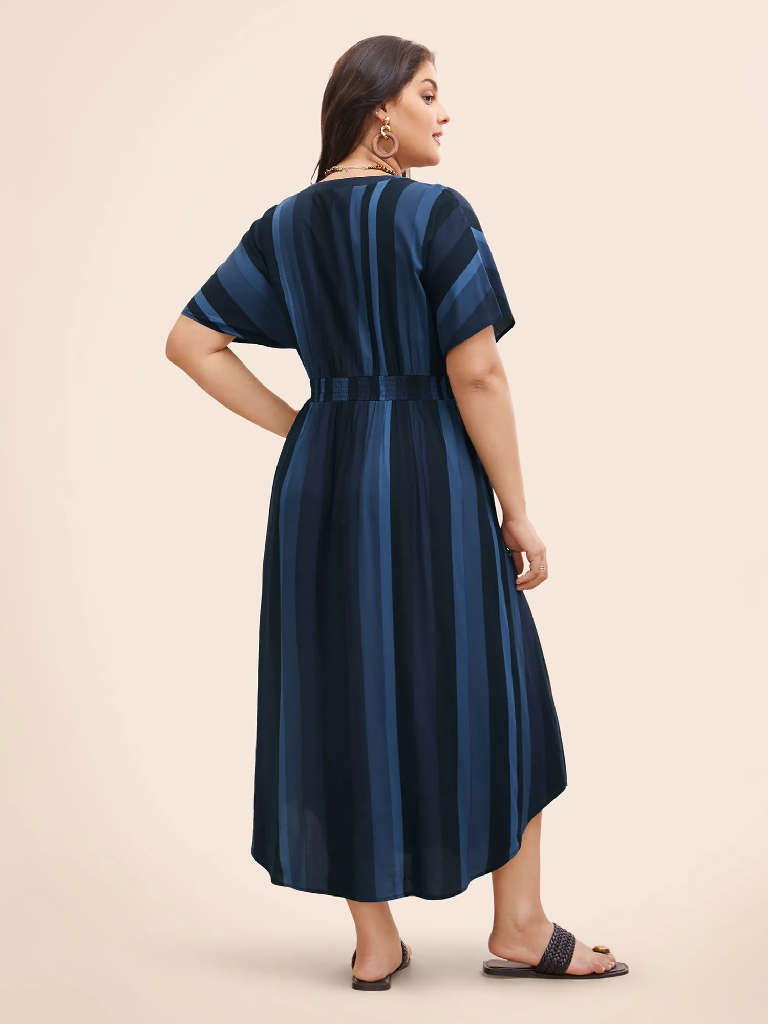 Striped Dolman Sleeve Pocket Shirred Flutter Wrap Dress sold by Bloomchic product image thumbnail 4