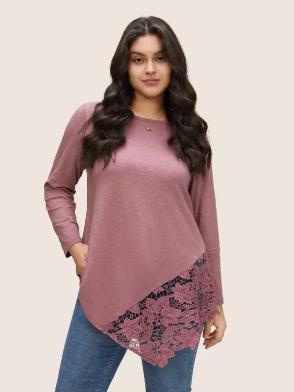 Lace Patchwork Asymmetrical Hem T-shirt sold by Bloomchic