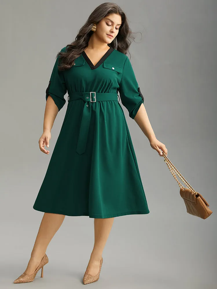 Solid Contrast Trim Belted Flap Detail Dress sold by Bloomchic product image thumbnail 3