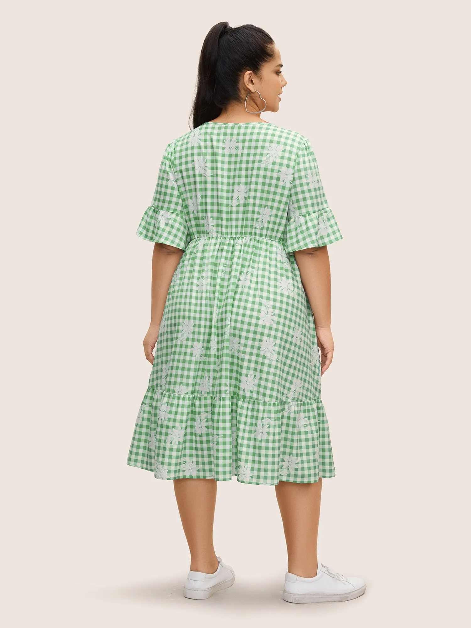 Gingham Floral Ruffles Button Detail Dress sold by Bloomchic product image thumbnail 4