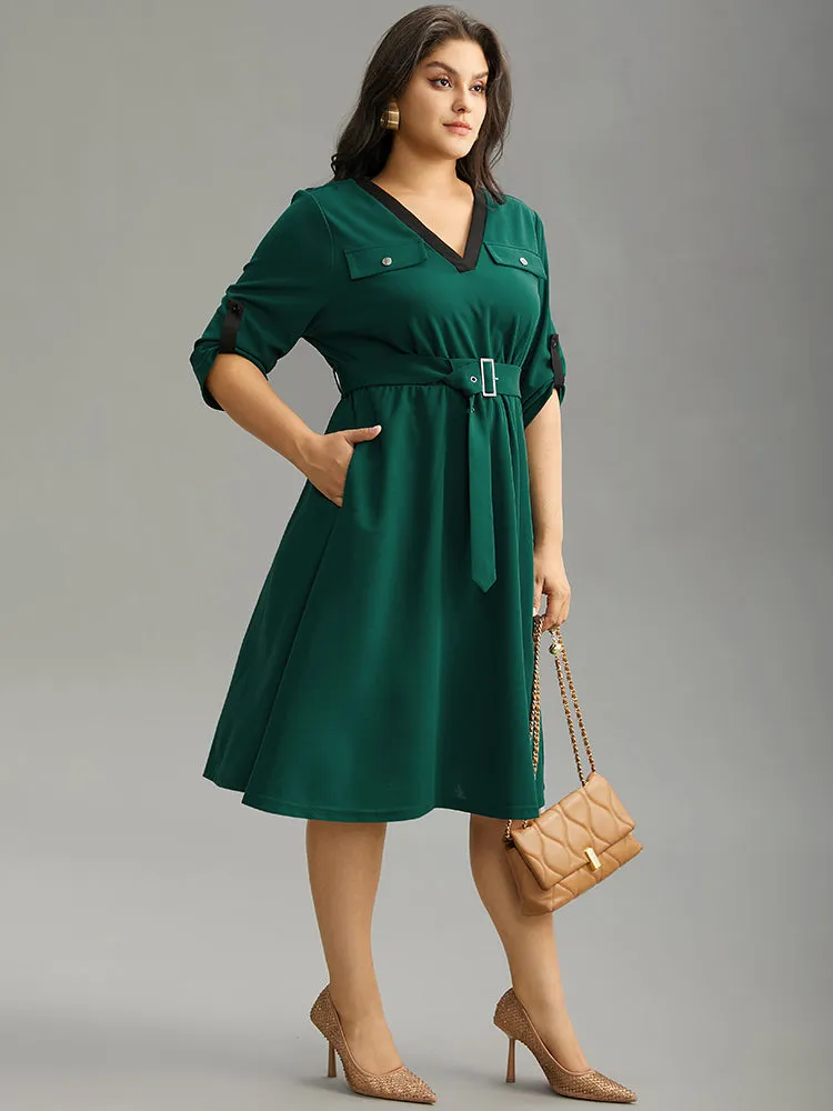Solid Contrast Trim Belted Flap Detail Dress sold by Bloomchic product image thumbnail 4