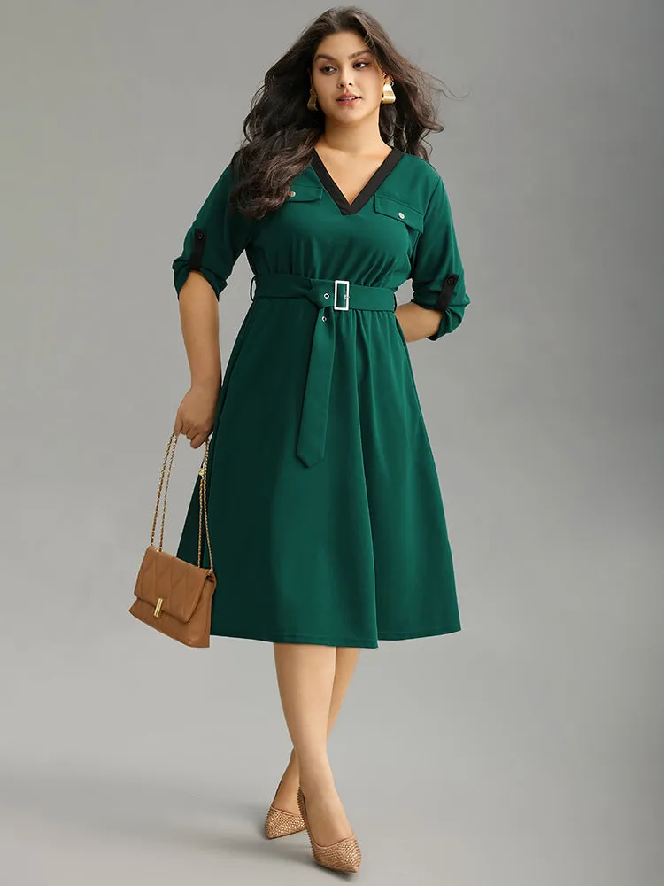 Solid Contrast Trim Belted Flap Detail Dress sold by Bloomchic product image thumbnail 2
