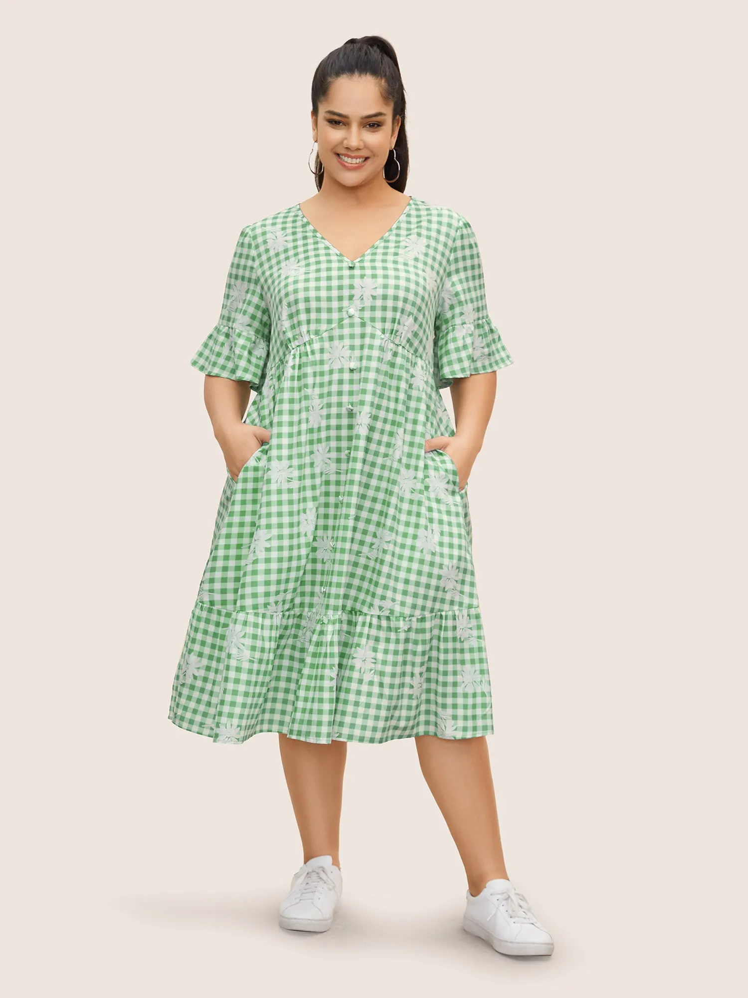 Gingham Floral Ruffles Button Detail Dress sold by Bloomchic product image thumbnail 3