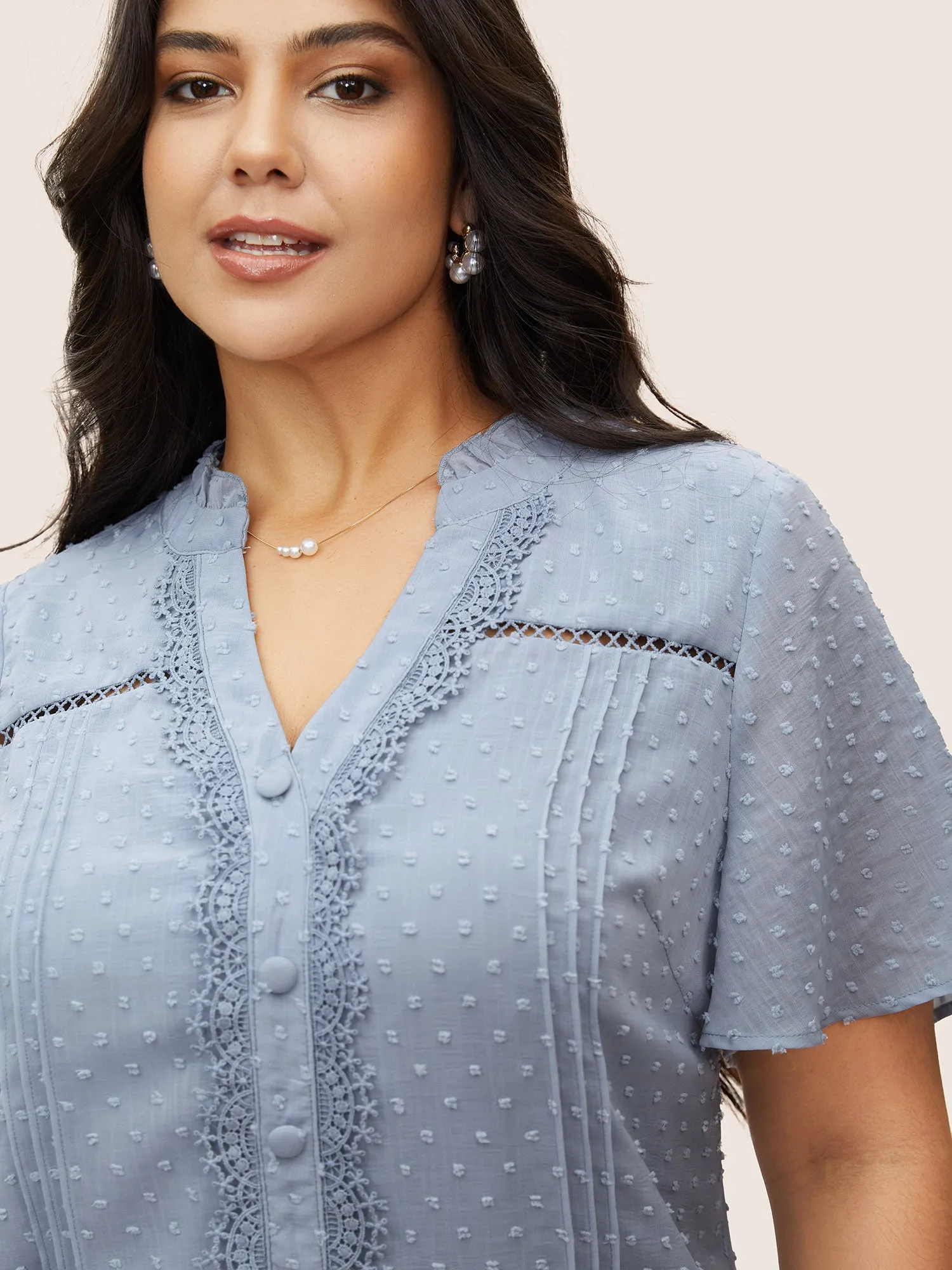 Textured Lace Insert Pleated Flutter Sleeve Blouse sold by Bloomchic product image thumbnail 4