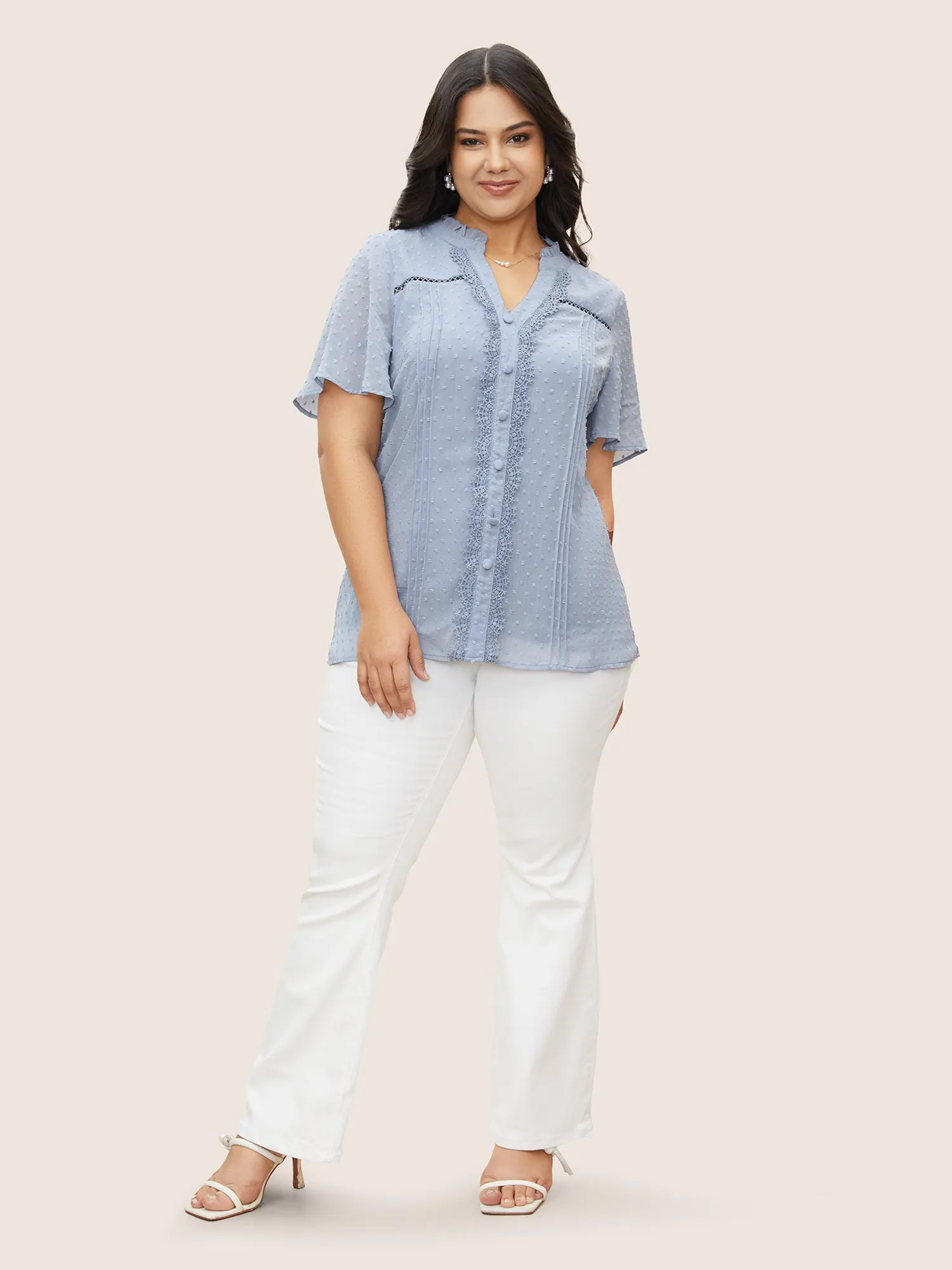 Textured Lace Insert Pleated Flutter Sleeve Blouse sold by Bloomchic product image thumbnail 3