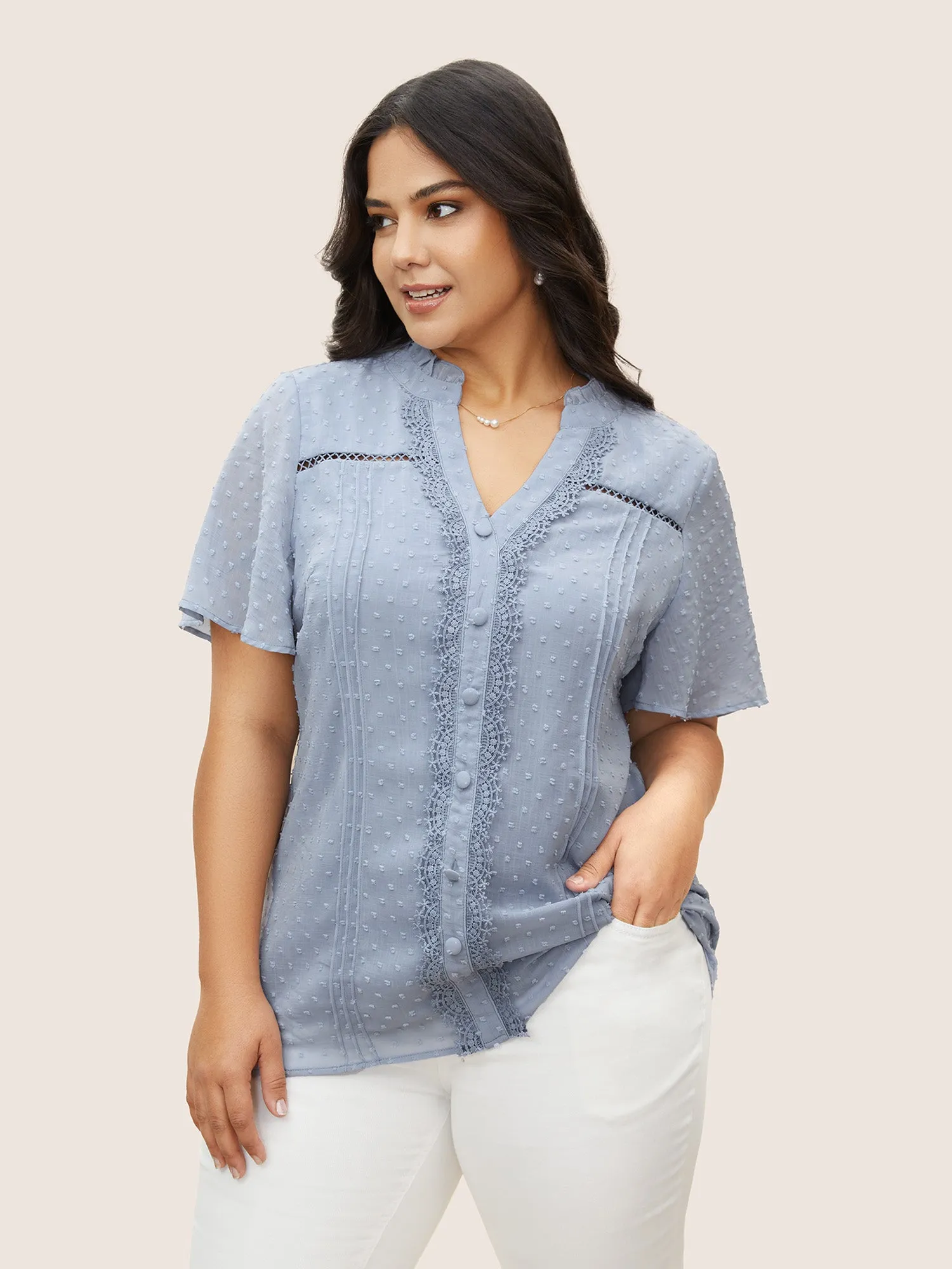 Textured Lace Insert Pleated Flutter Sleeve Blouse sold by Bloomchic