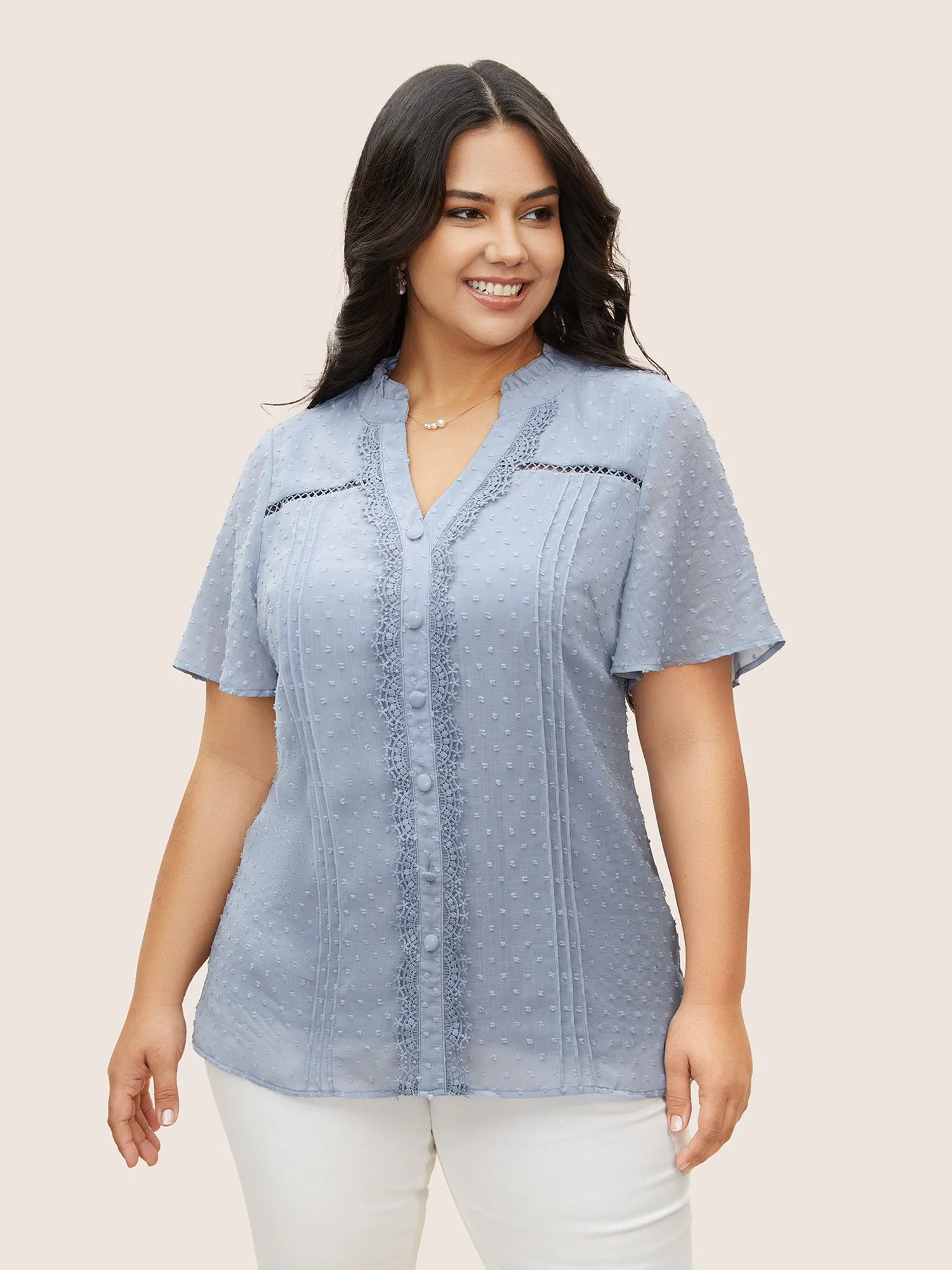 Textured Lace Insert Pleated Flutter Sleeve Blouse sold by Bloomchic product image thumbnail 2