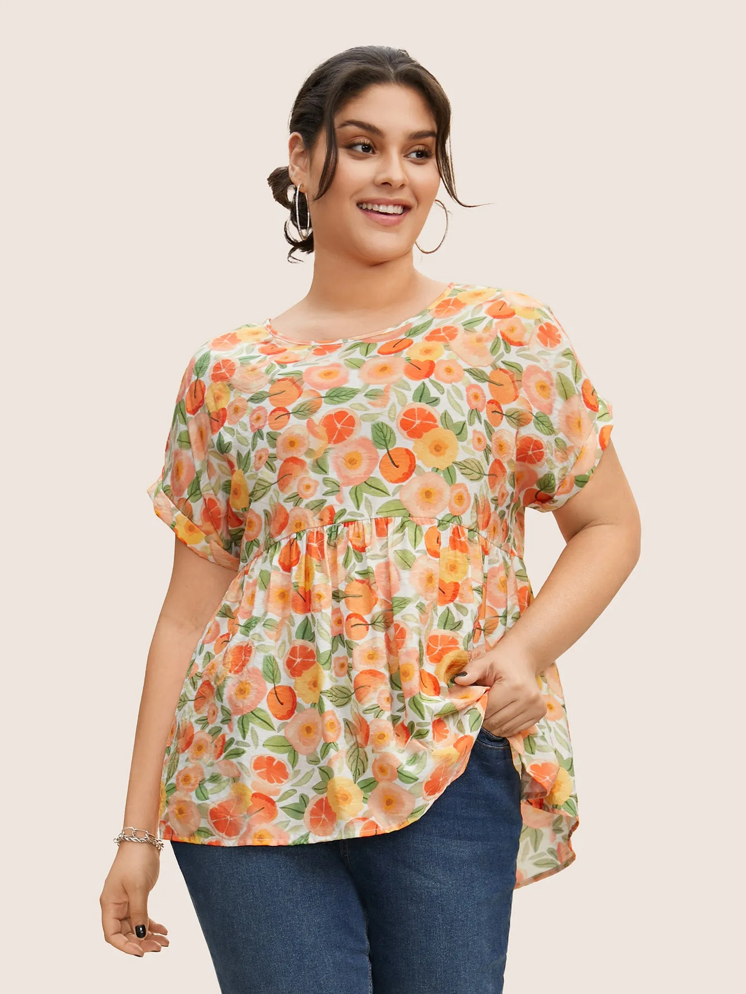 Fruit Print Curved Hem Batwing Sleeve Blouse sold by Bloomchic