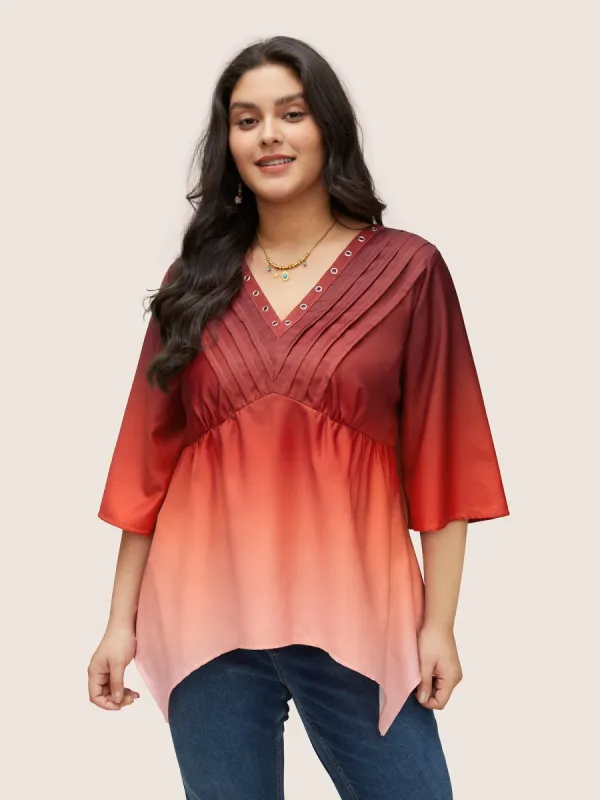 Ombre Pleated Ruffle Sleeve Asymmetrical Hem Blouse made by Bloomchic