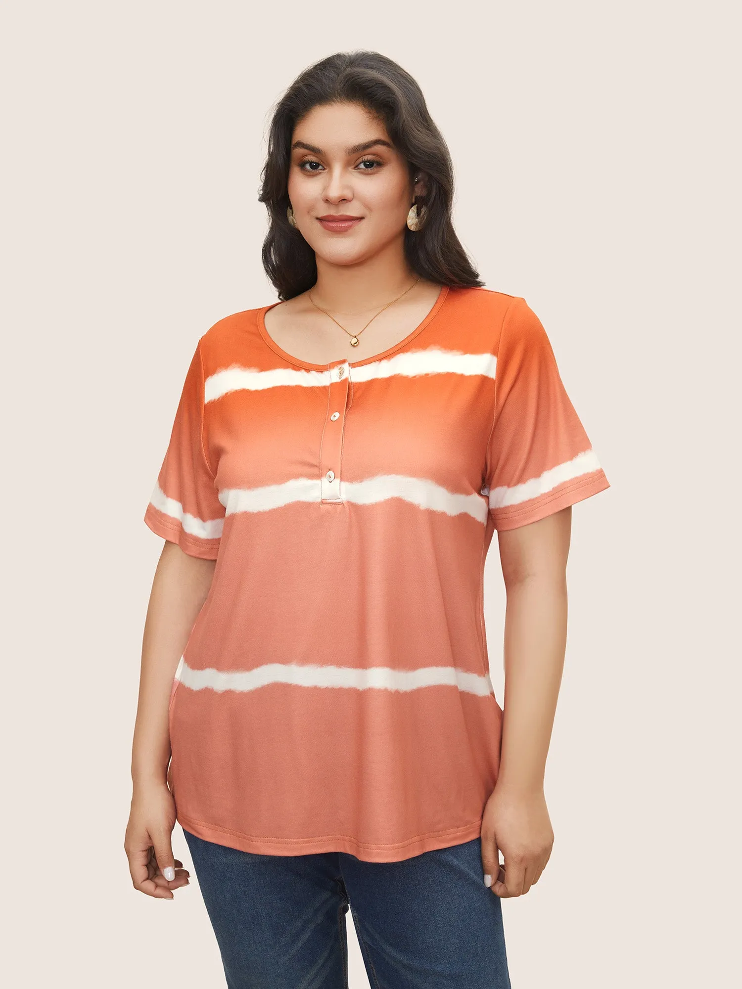 Tie Dye Round Neck Button Up T-shirt sold by Bloomchic