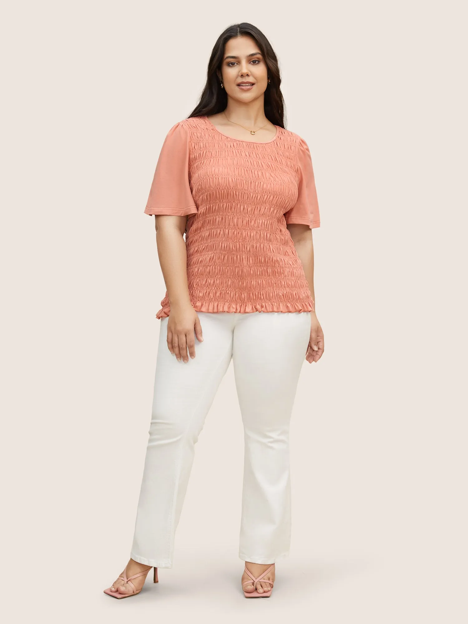 Round Neck Plain Shirred Frill Trim T-shirt sold by Bloomchic product image thumbnail 3