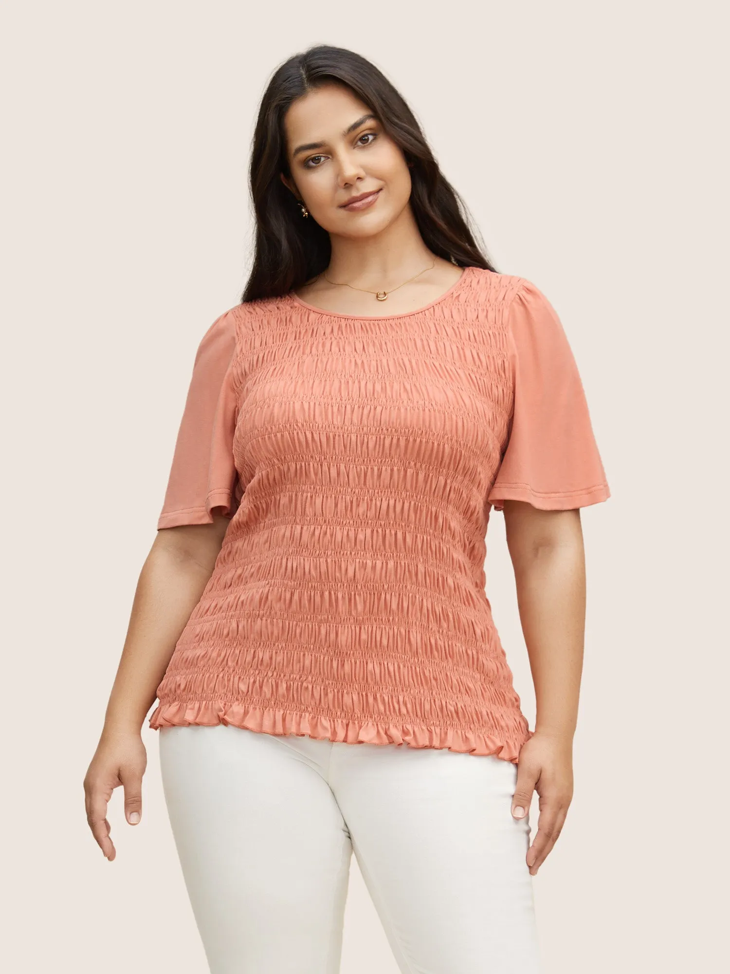 Round Neck Plain Shirred Frill Trim T-shirt sold by Bloomchic