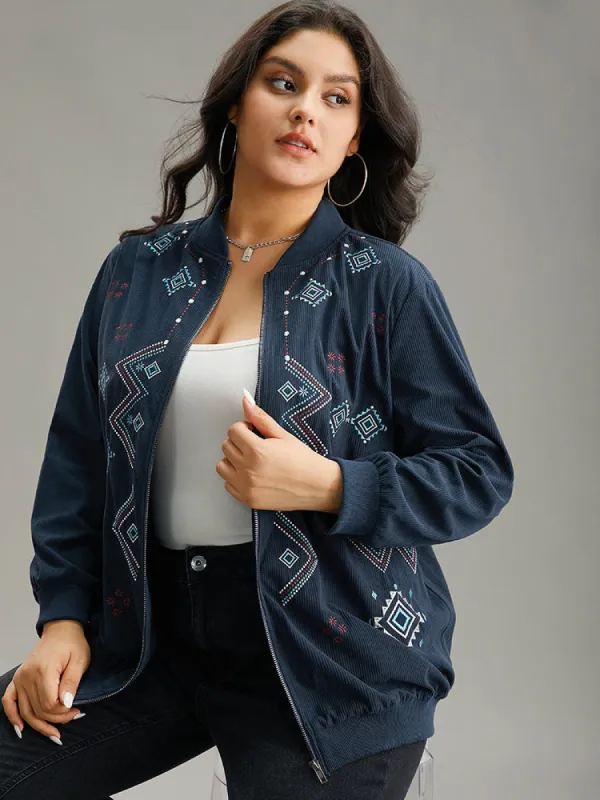 Corduroy Geo Embroidered Zipper Fly Jacket sold by Bloomchic